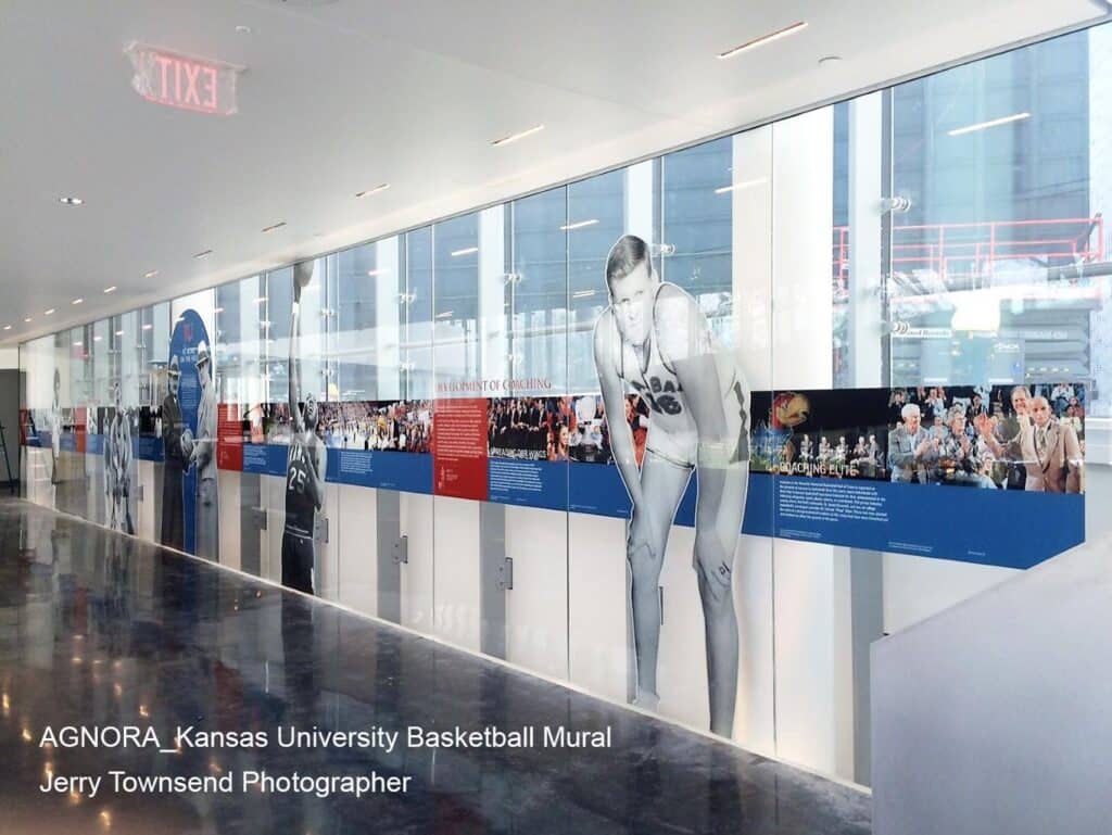 Commercial Application of Digitally printed glass - AGNORA Kansas University Basketball Mural Jerry Townsend Photographer