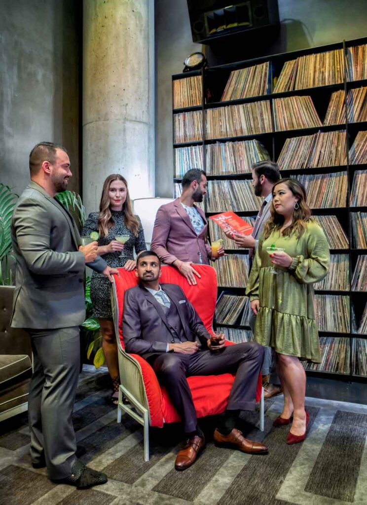 Lifestyle / Branding Photography picture of dentists dressed up in a record room at the W Hotel