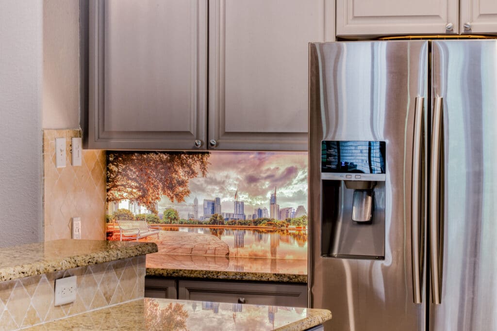 Digital Glass Backsplash of Austin Texas Backlit