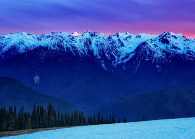 Epic sunset with snow capped mountains