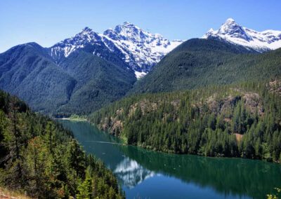 Diablo Lake with Snowcapped Mountains in the background